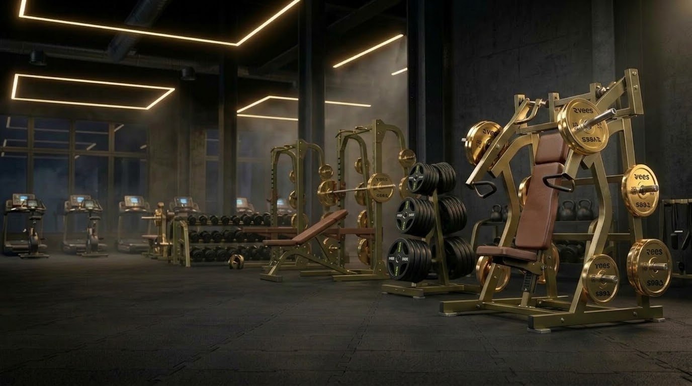 Gimnasio comercial completo con máquinas, racks, bancos, mancuernas, discos y cardio